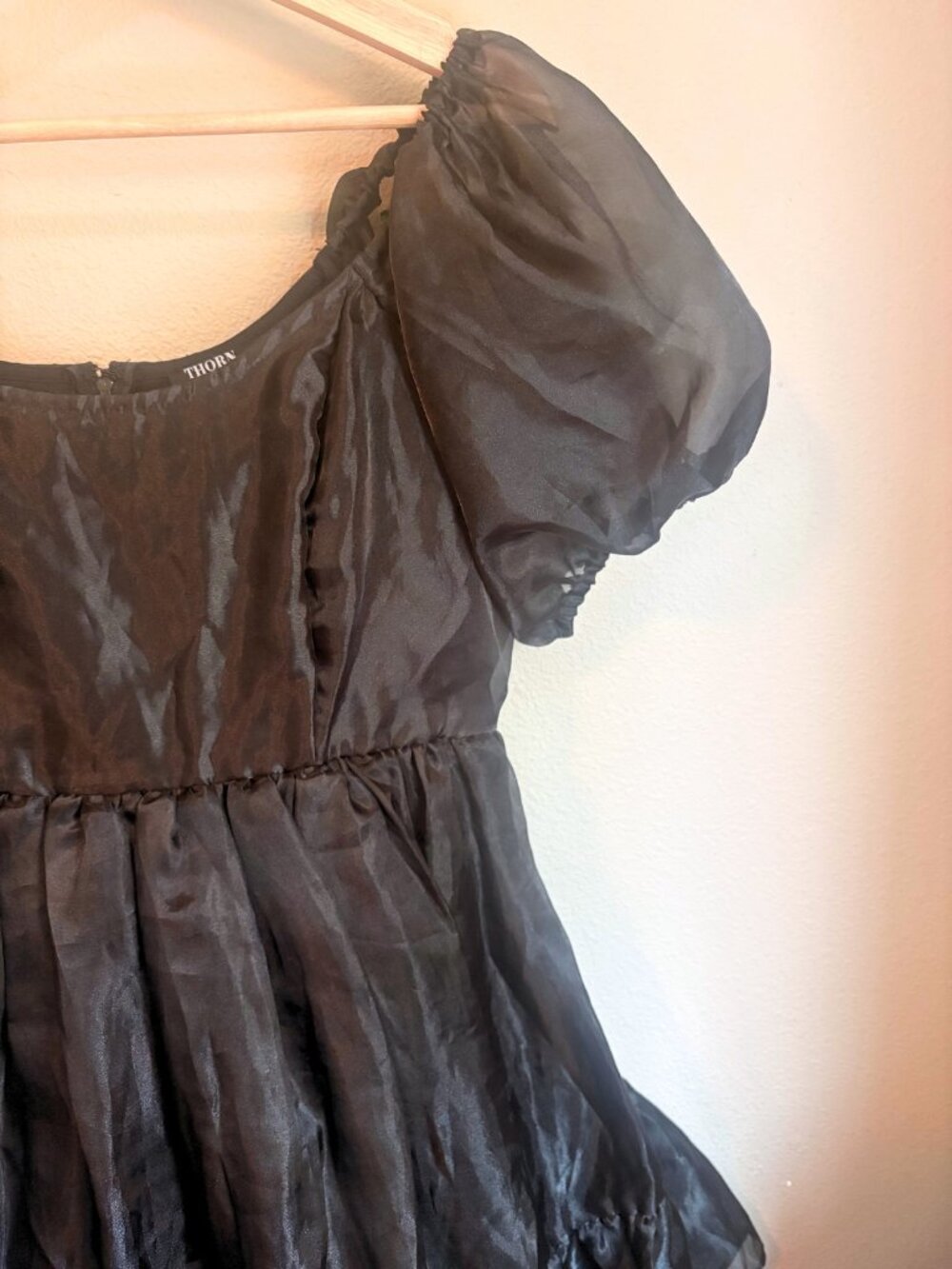 Thorn & Fable Black Organza Puff Sleeve Mini Dress | Medium